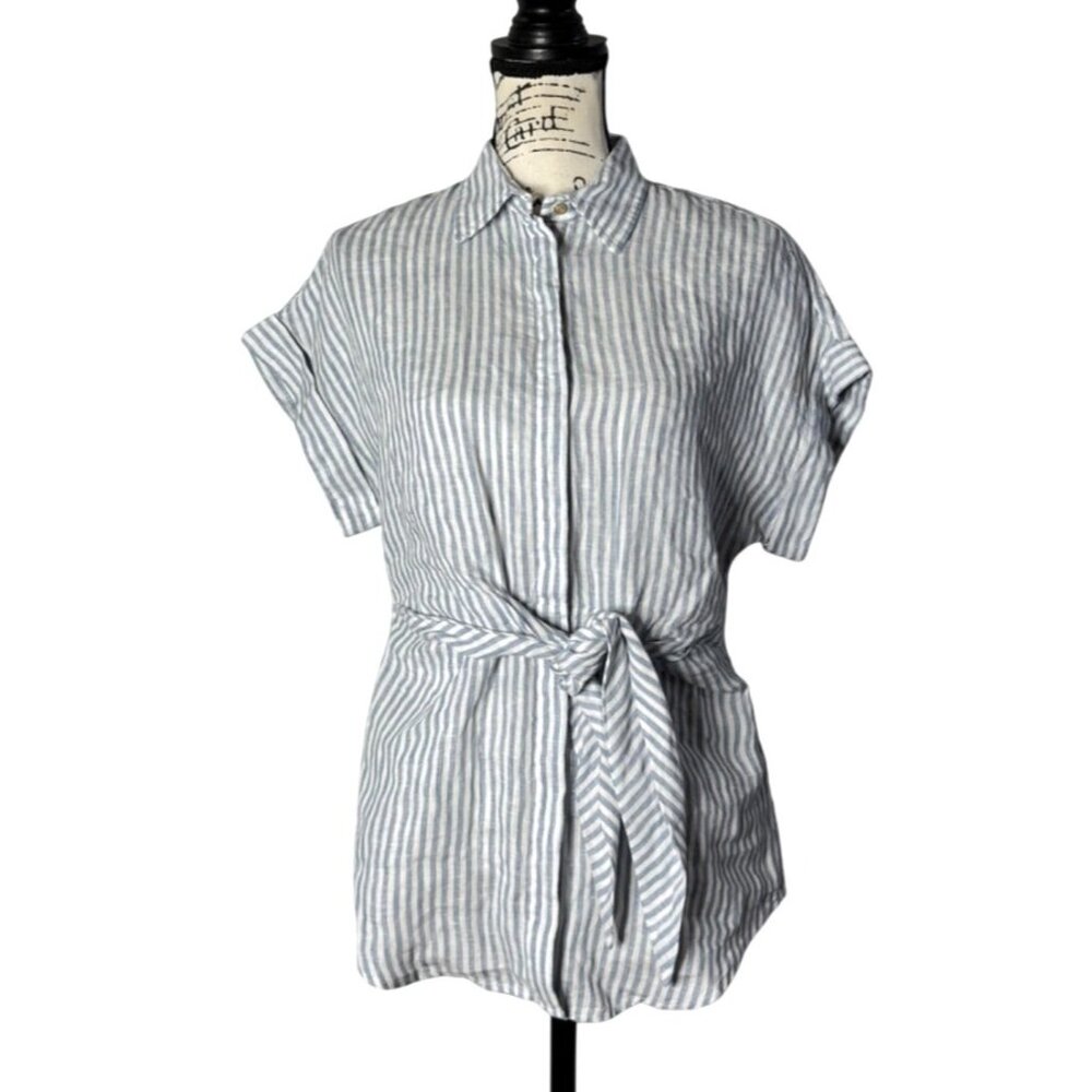 Ralph Lauren Black Label Button-Up Top Linen Waist Tie Blue & White Striped Sz S